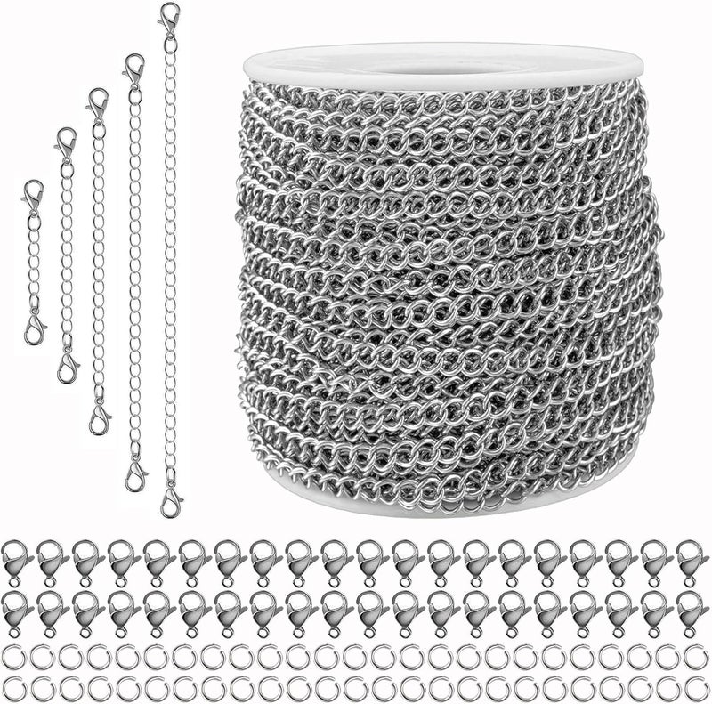 YZDTECH 55ft Silver Stainless Steel Curb Chain for Jewelry Making,Twisted Link Chains with Spool for Necklace Bracelet,100 Pcs Jump Rings and Lobster Clasps DIY Supplies for Dog Tag,Keychain(2.8x2.2x0.6mm) - Image 1